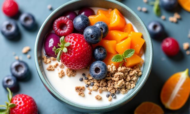 Ilustración de la flora intestinal o un plato de yogur con frutas, simbolizando la salud digestiva.