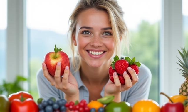 Mujer sonriendo comiendo frutas frescas. Representa la nutrición y mitos de la alimentación saludable