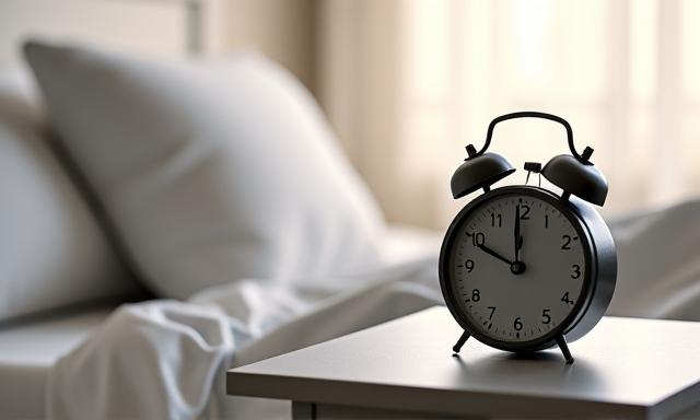 Reloj despertador junto a una cama cómoda, enfatizando la importancia del sueño.