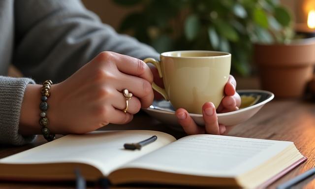 Persona dibujando o escribiendo en un cuaderno con un té, una actividad relajante para manejar el estrés.