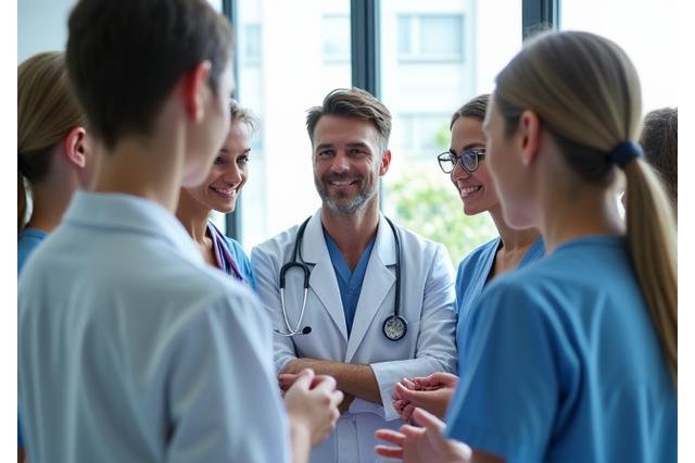Un equipo de profesionales de la salud sonriendo y colaborando en un ambiente moderno y luminoso, simbolizando bienestar y confianza.